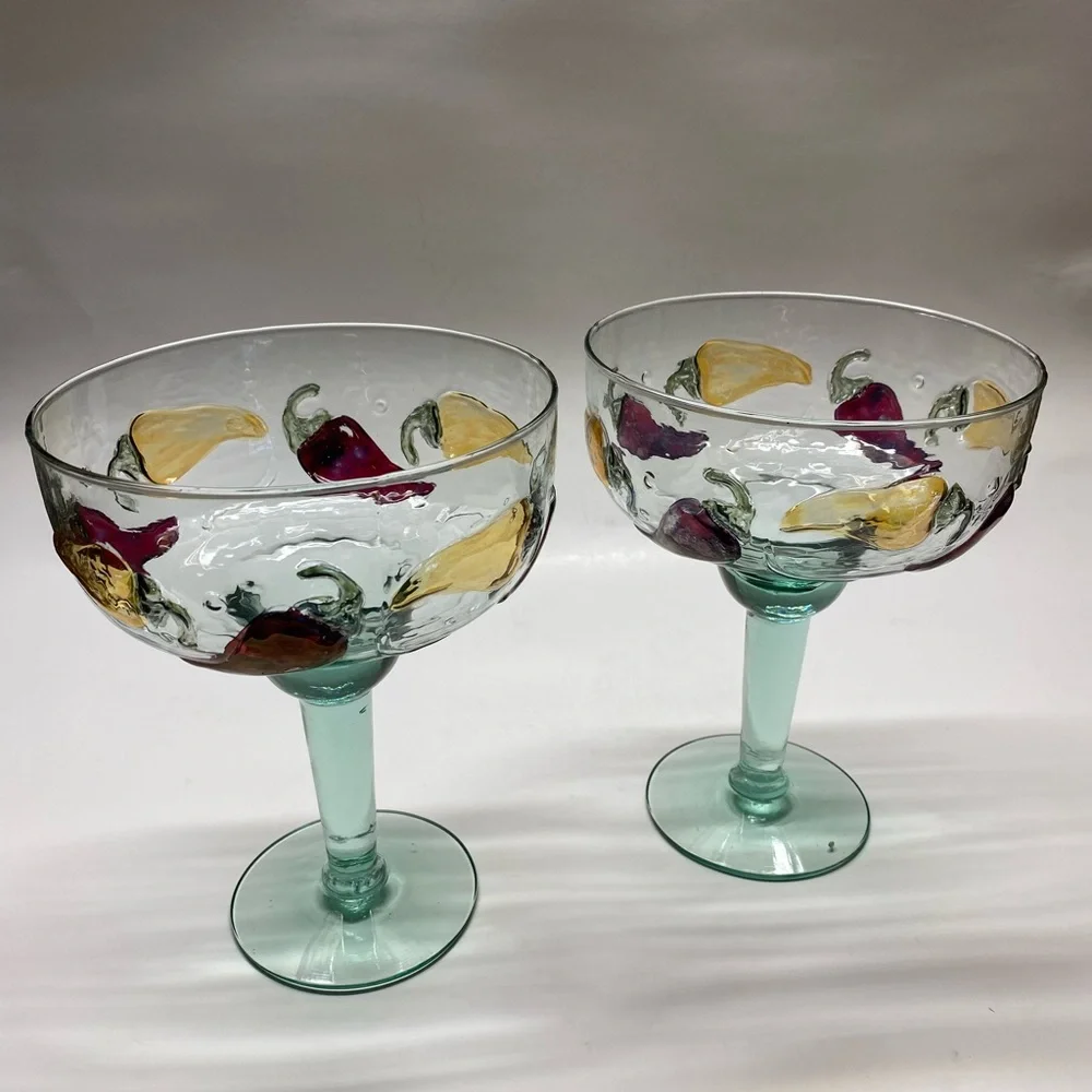 Artisanal Hand Blown Mexican Margarita Glasses Chili Pepper Motif Vintage ‘90s